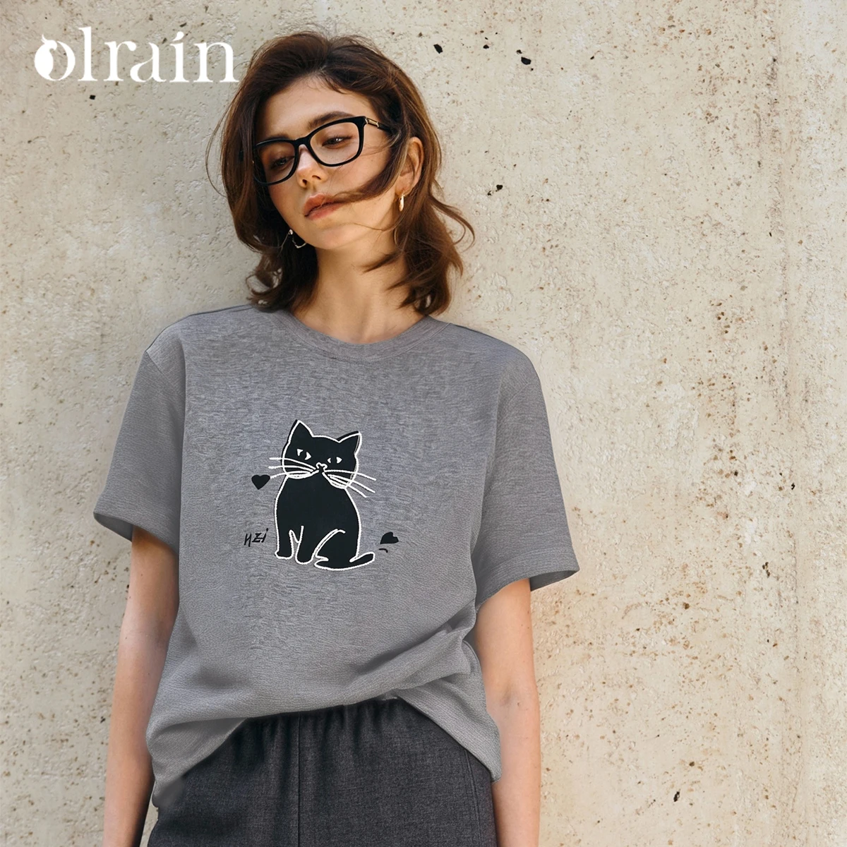 OLrain Pure Cotton Grey T-shirt Woman Cat Print Women's Summer Knitted Top 2026 Casual Short Sleeve Tee Shirts Ladies O57XT98216