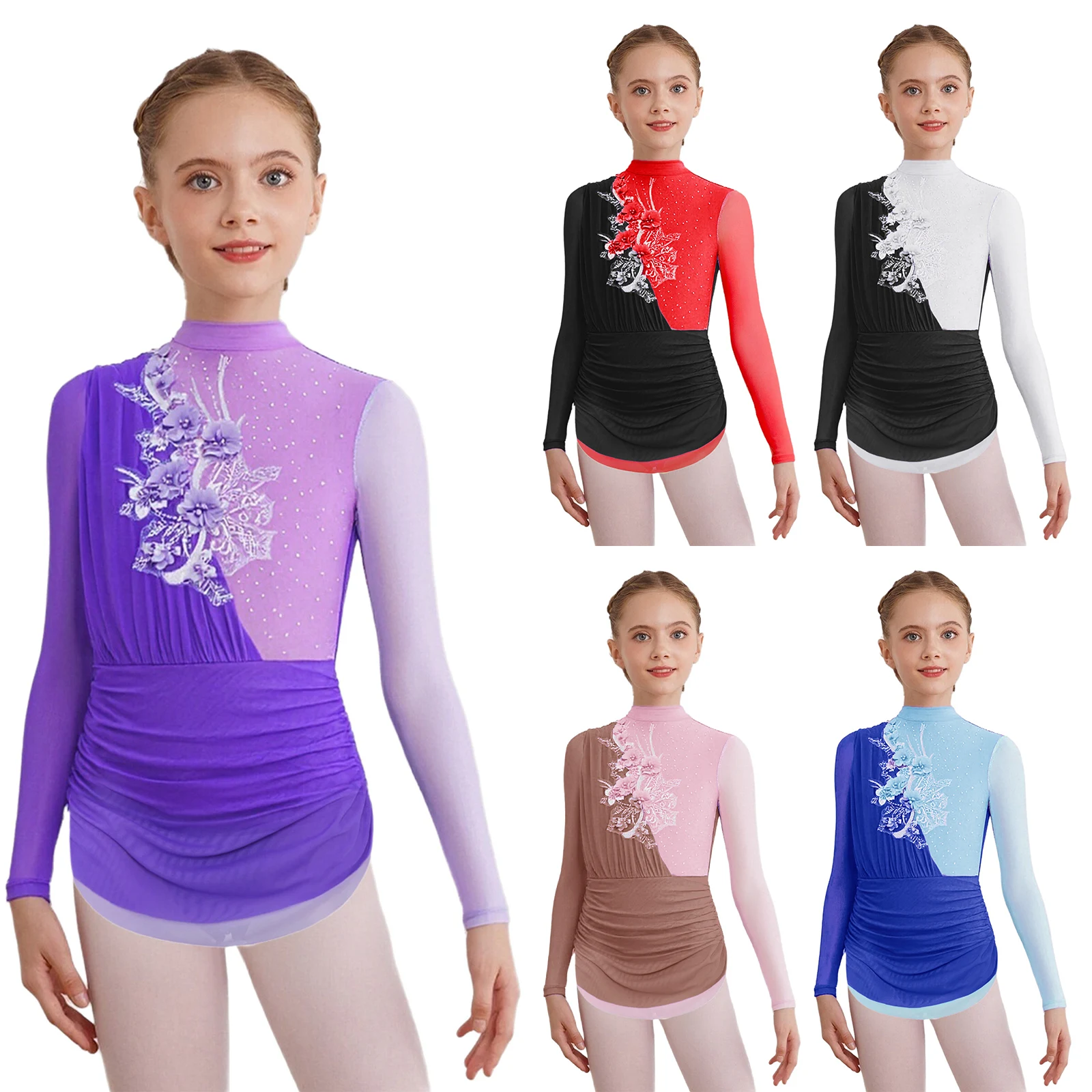 Enfants filles manches longues strass justaucorps de gymnastique maille transparente robe de patinage artistique Ballet danse lyrique Performance Costume