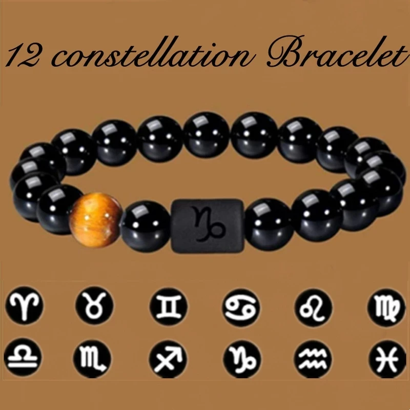 Pulsera de cuentas de 12 signos del zodiaco de constelación para parejas, pulsera elástica de piedra de ónix negro Natural para mujeres y hombres, regalo de cumpleaños