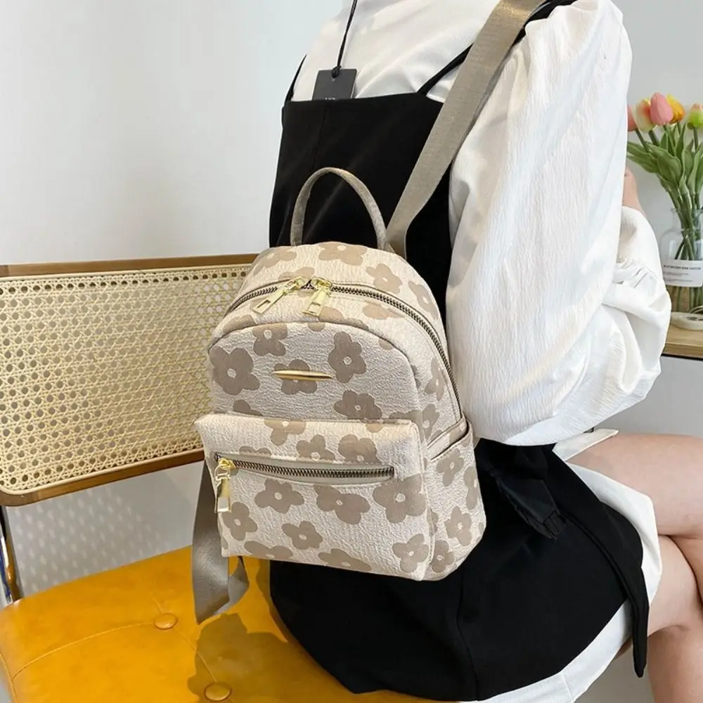 Cute Canvas Flower Backpack Pu Leather Handbag Flower Shoulder Bag Korean Style Large Capacity Students Schoolbag Ladies/Girls