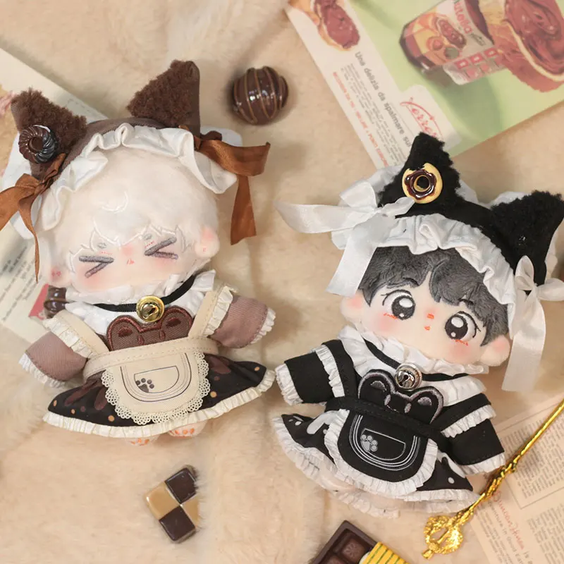 New 10cm Plush Doll Costume Cosplay Japanese Maid Caf é Outfit Cat Ear Hair With Cake Dress Bib Set For Men Women Birthday Gifts