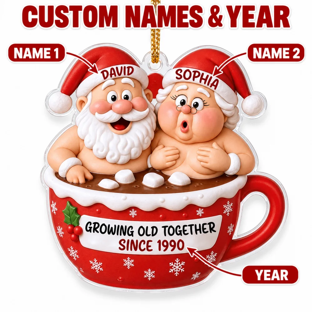 Custom Names Year Santa Couple Christmas Ornament, 2D Acrylic Hot Chocolate Mug Pendant, Growing Old Together Xmas Tree Keepsake - view 5