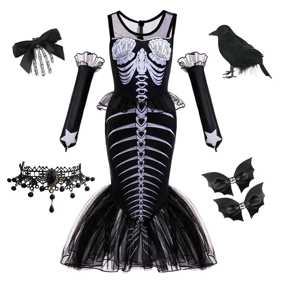 Girl Halloween Dark Gothic Style Skeleton Print Mermaid Princess Fishtail Dress Kid Carnival Horror Theme Party Disguise Costume