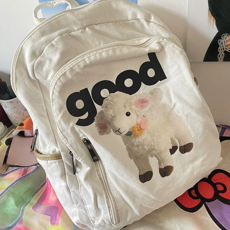 Sweet Cool Girls Schoolbags Y2k Aesthetic Cartoon Cute Sheep Letter Canvas Women Bags Casual All Match Simple Backpacks Japanese