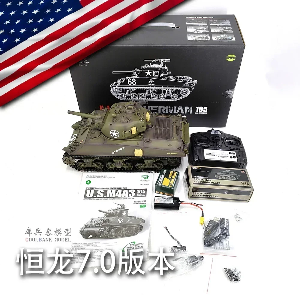 Grande RC Henglong Tank Toy para Crianças, Controle Remoto, Sherman, Multi Funcional, Simulação de Batalha, Modelo, Presente de Ano Novo, M4a3