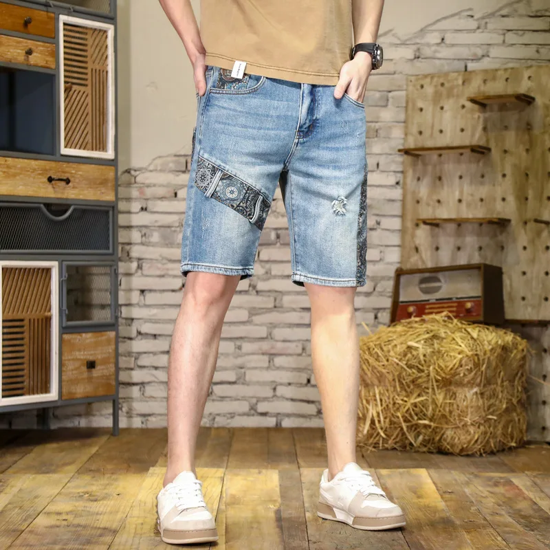 Paisley Stitching Denim Shorts Herren Persönlichkeit Mode Sommer Street Trend Casual Blue Shorts