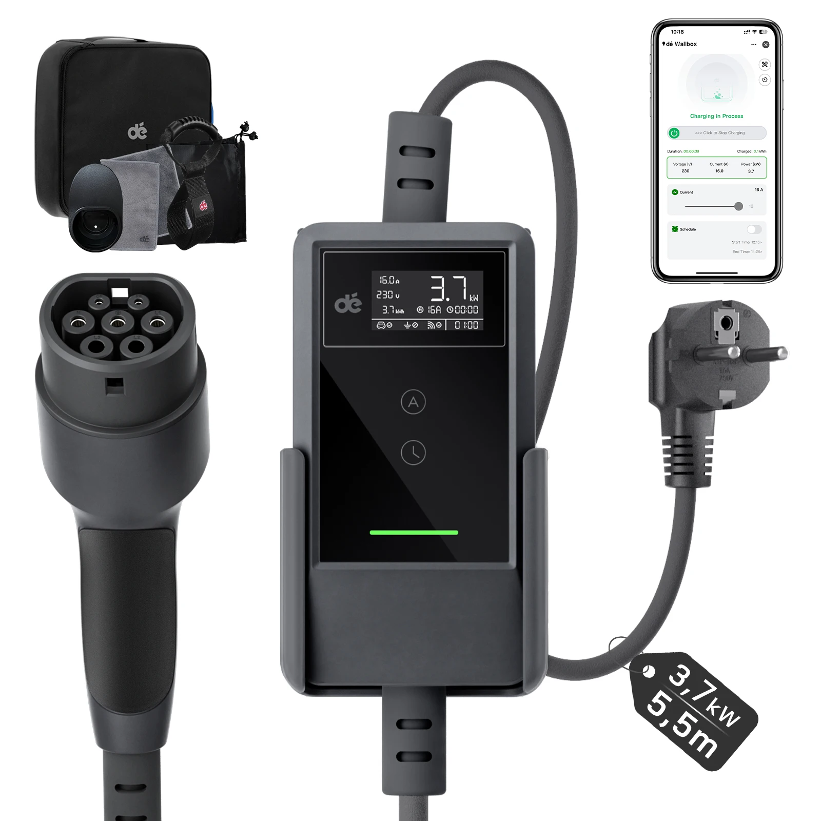 dé 3.7kW Type 2 Elektrische Voertuigoplader LED-scherm 16A IP66 Waterdicht 1.5X Snelle Draagbare EV-oplader 7m 10m 15m 20m 25m kabel