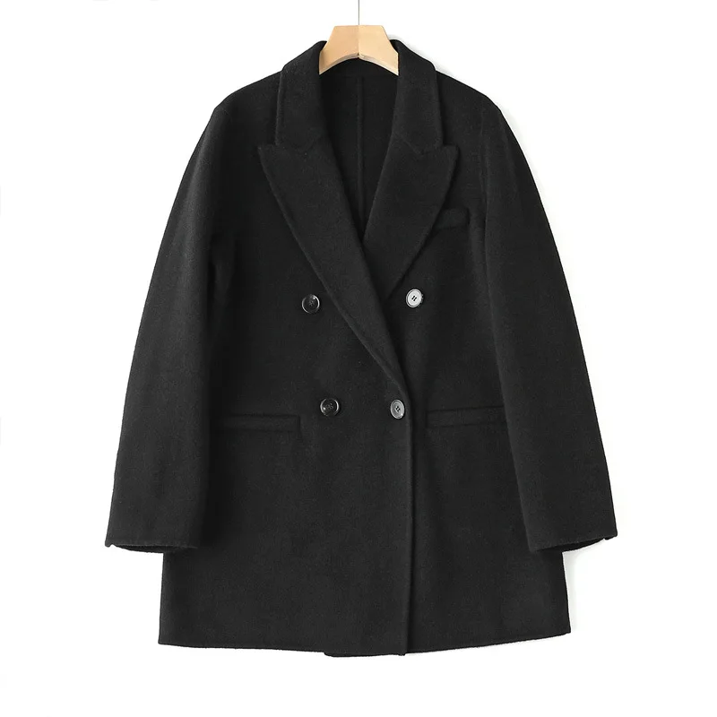 Green Double-Sided Wool Coats Autumn Winter Women Suit Collar Double -Breasted Commuter Style Mid Length Jackets Blazer Tweed