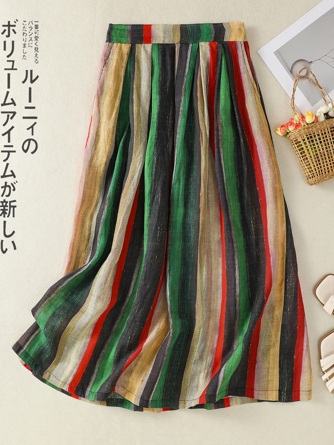 

Retro Floral Print Flax f Skirt Women's Summer Loose High Waist Versatile Floral Slimming Midi A-Line Skirt CiWalk