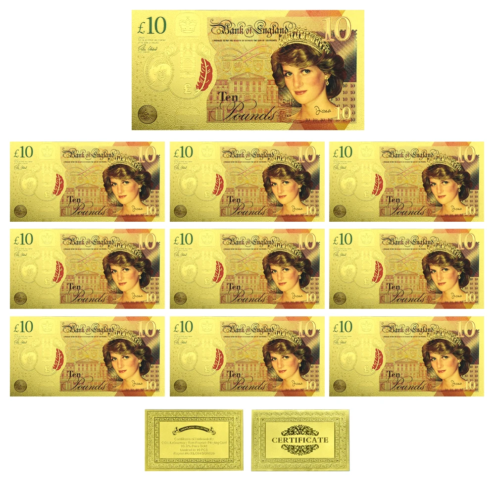 10 جنيه ديانا سبنسر الملونة مطلية بالذهب الأوراق النقدية 10 قطعة/الوحدة غير تداول الملكي الذهب الأوراق النقدية المشجعين جمع التذكارية