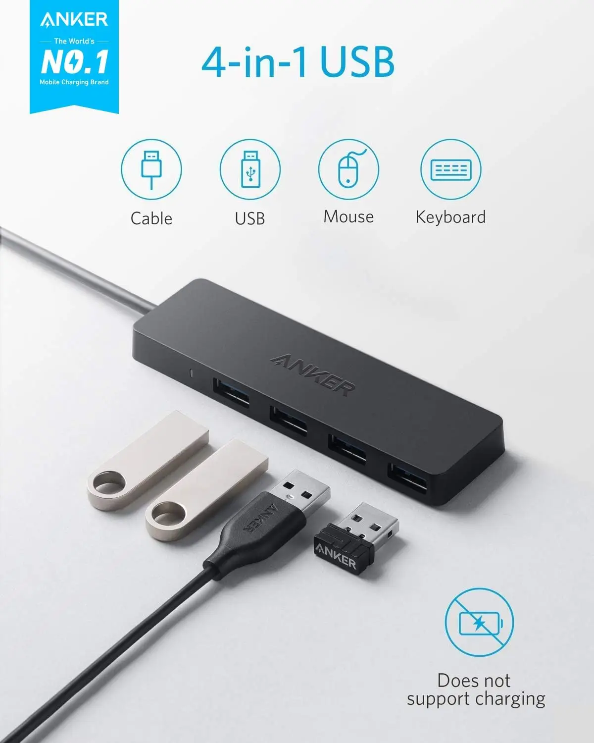 Anker 4 Ports Multiple USB 3.0 Hub USB Splitter Extender for A Port Laptop PC Desktop [Charging Not Supported](2ft USB-A)