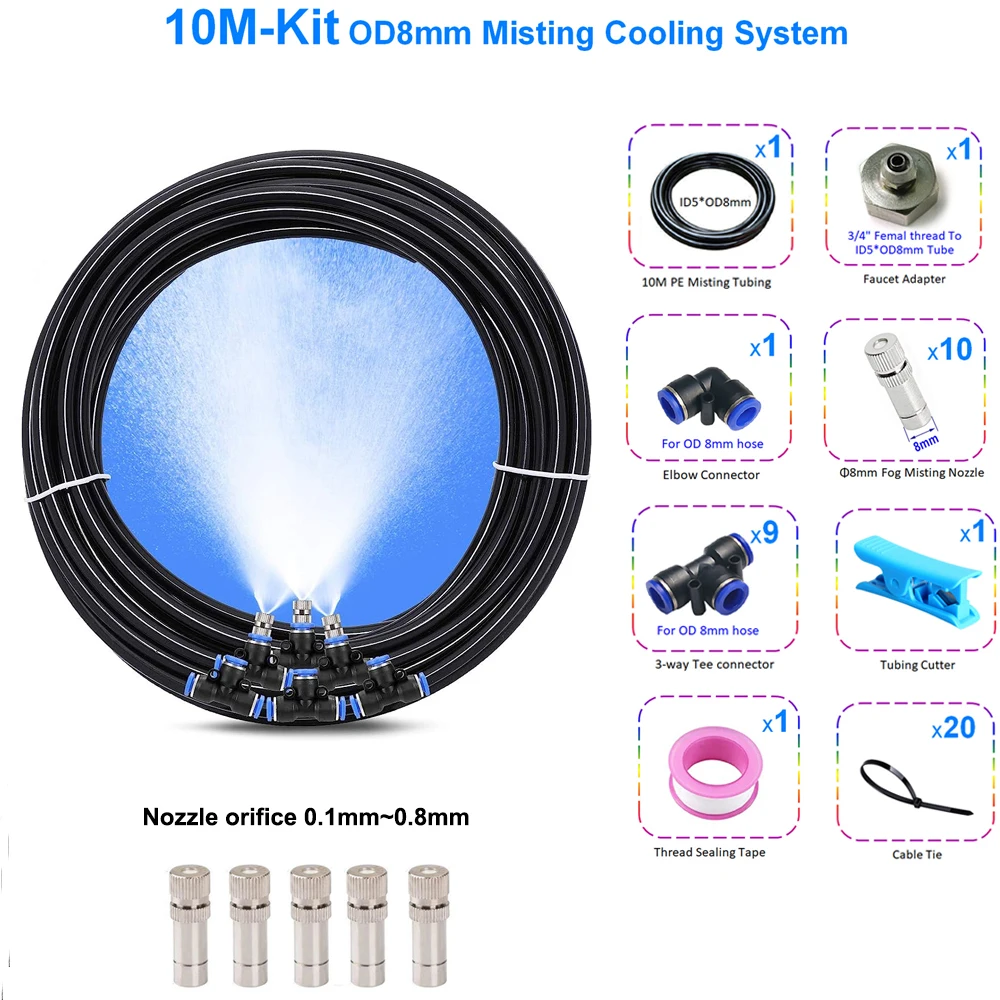 DIY 10M Irrigation Kit OD8mm Tube  High Quality Cooling System 10pcs Nozzles Orifice Size 0.1~0.8mm Garden Nebulizer Misting Kit