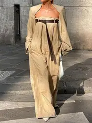 Uoozee Female Stylish Long Sleeves Collarless Outerwear Top + Belted Wide Leg Jumpsuits High Street Two Pieces Sets 2024 New