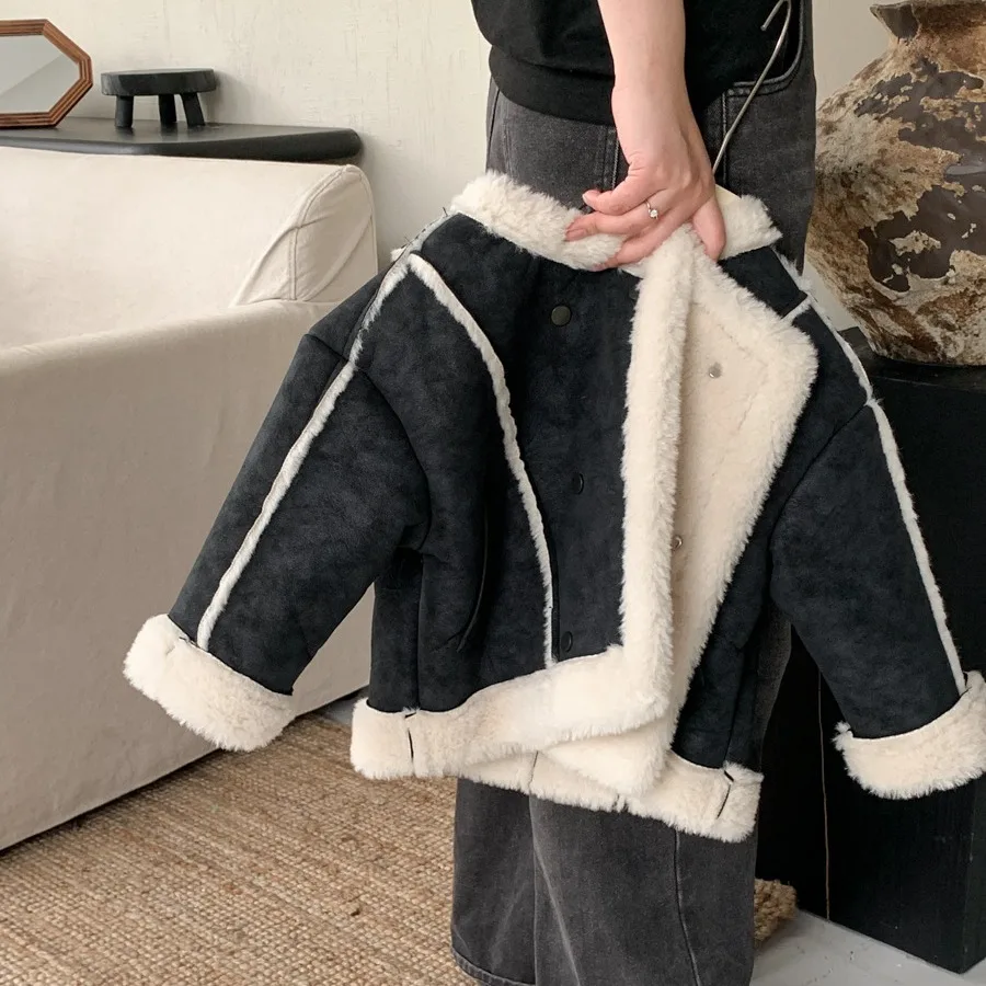 

Girl Coat Korean Version Children Coat Winter New Girls Foreign Loose Handsome Motorcycle Splicing Fur Inside Leather Coat