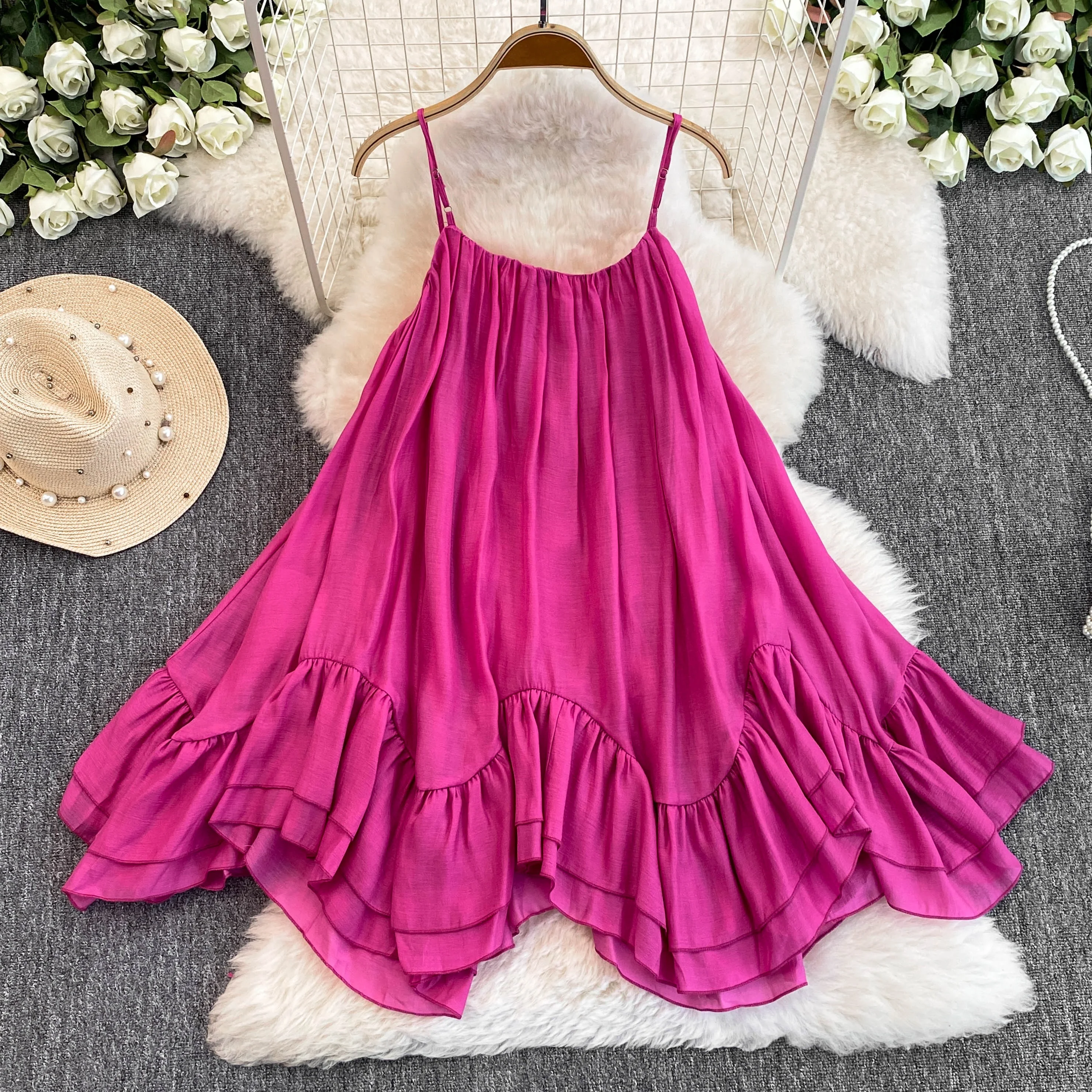 Clothland Women Sweet Pink Cami Dress Adjustable Straps Sleeveless Backless Beach Wear Female Asymmetrical Mini Dresses QE192
