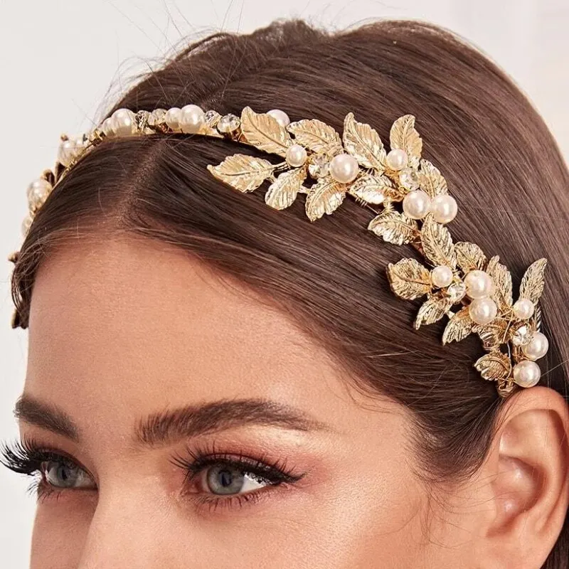 1pcs Europe And The United States Alloy Pearl Leaves Modelling Hair Bands Headdress Baroque Bride Bridesmaid Hair Bands