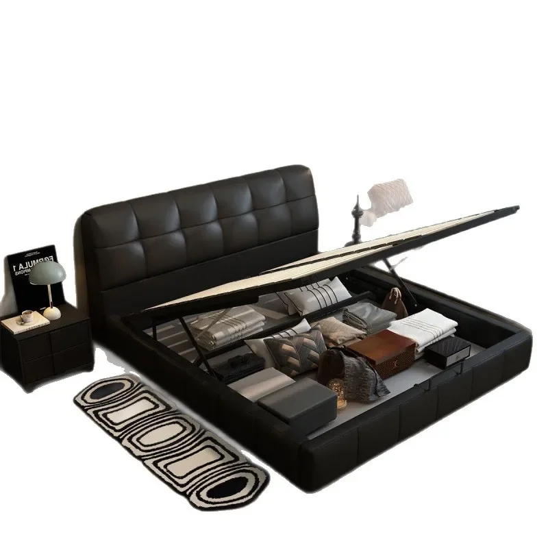 

Modern minimalist black puff leather bed tatami Internet celebrity bed retro double storage bed