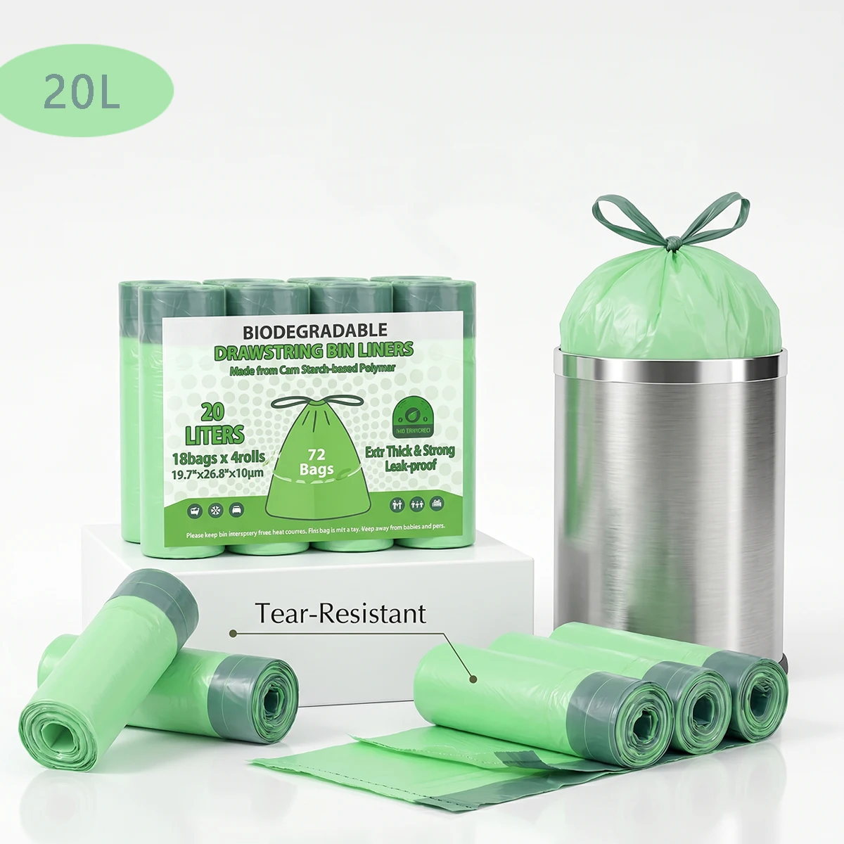 20L Thick Drawstring Bin Liners50x55cm 72Pcs Ideal for Kitchen Garbage & Yard Waste