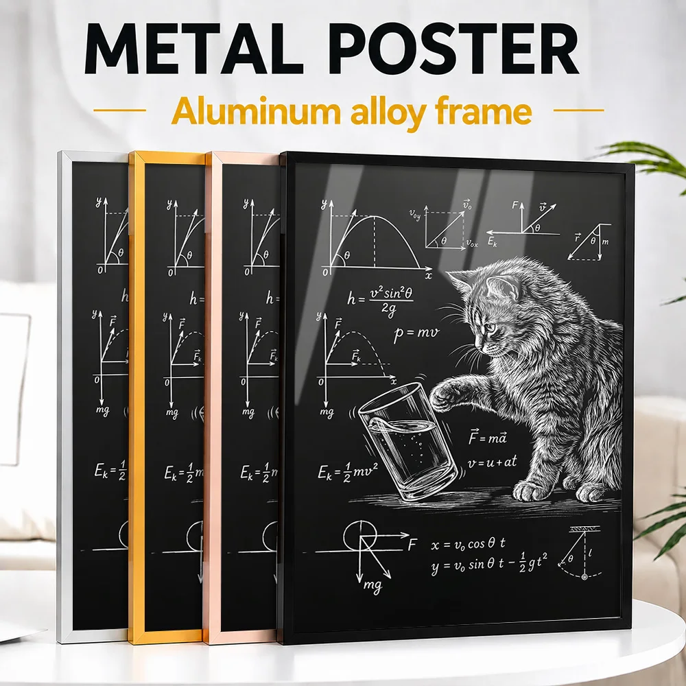 Cat Playing With Physics Equations Framed Aluminum Metal Poster Customized Photo Whimsical Animal Style Wall Art For Game Room