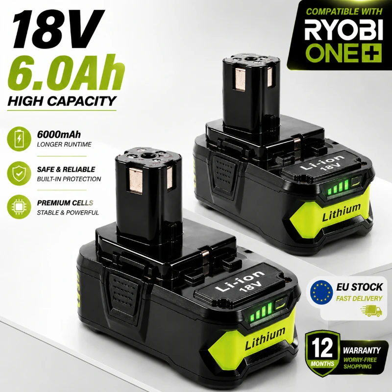 6,0Ah 18V Lithium-Akku für RYOBI ONE+ P108 P109, Hochleistungs-Akku, kein Memory-Effekt, geringe Selbstentladung, lange Laufzeit, Sicherheitsschutz, schnelle Lieferung aus EU-Lager Polen.