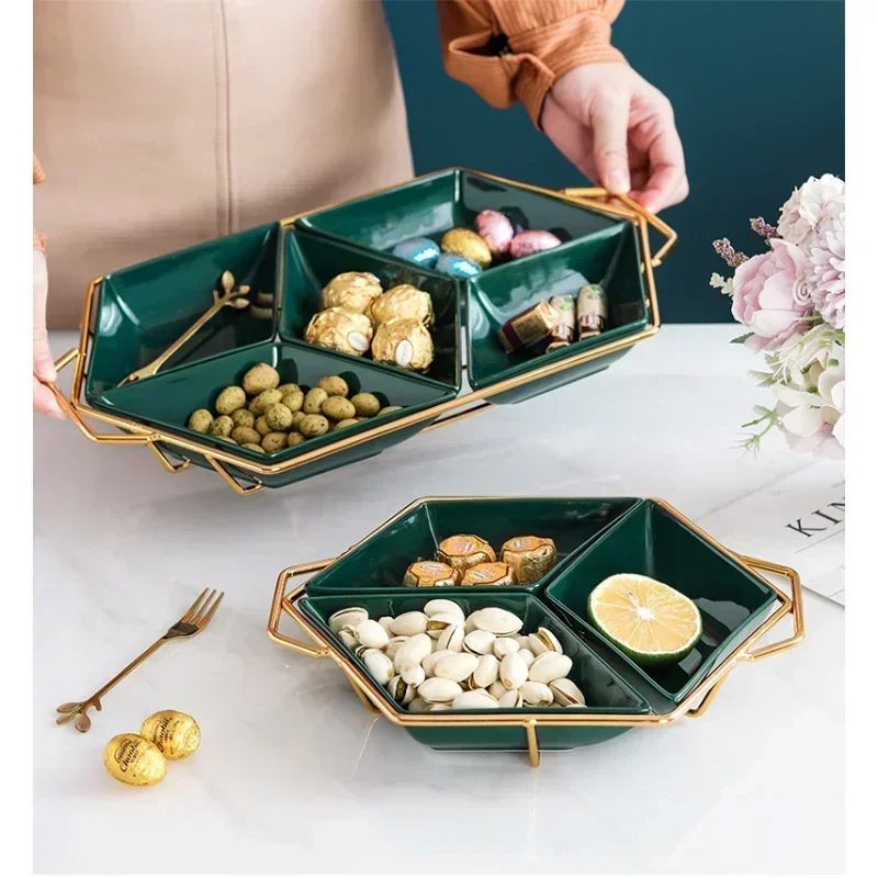 European Creative Golden Iron Ceramic Plate Diamond Shaped 3/5 Grids White Dark Green Fruit Plate Split Cake Snack Nut Plate