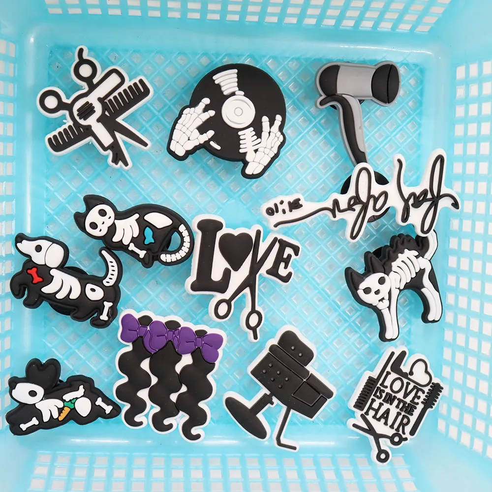 Mix 50PCS PVC Shoe Charms Love Is In The Hair Chair Barbershop Hair Dryer Comb Dog Bone Carrot Bow Buckle Clog Decorations