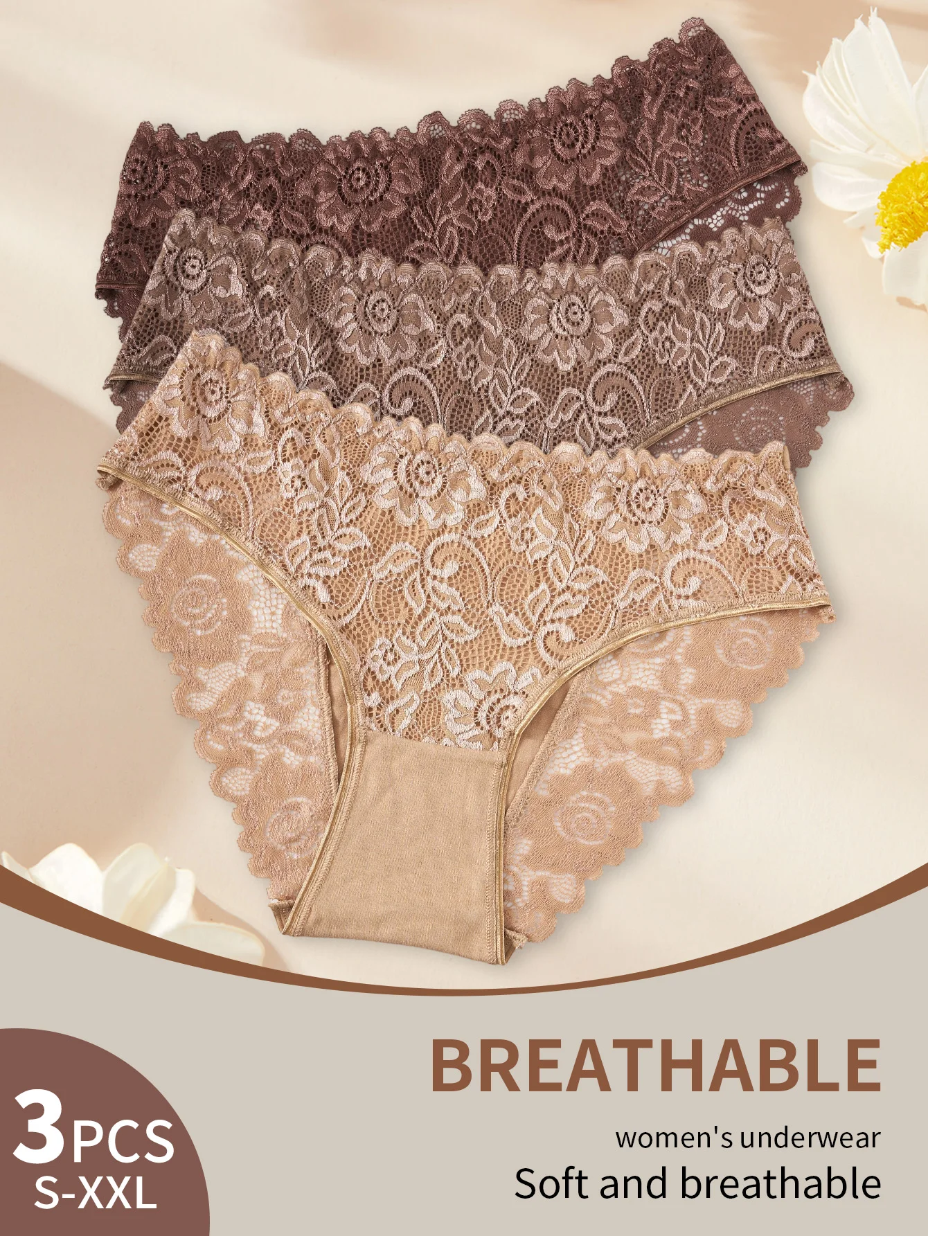 3PCS New Cotton Women's Panties Elegant Lace Floral Design Briefs Comfortable Fabric Solid Color Stylish & Breathable Underwear