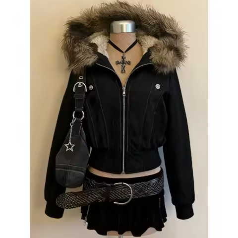 Casual Streetwear Faux Fur Jacket with Hooded Women Subculture Harajuku Vintage Safari Coats Zipper Sweatshirts Y2k Stand Neck