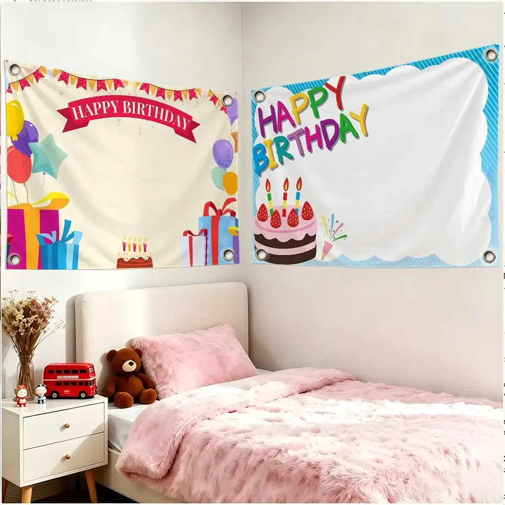 Festive Joyful Art B-Birthday Celebration Background Flags Borderless Four Ring Ornament Indoor Outdoor Decor Quick Hang Install