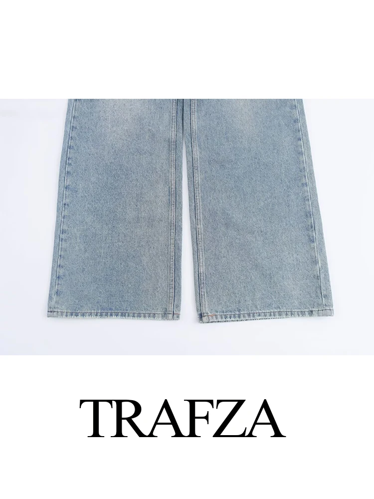 TRAFZA Women's Fashion Versatile Light Blue Wide Leg Denim Pants Female Elegant Retro Loose High Street Casual Straight Pants