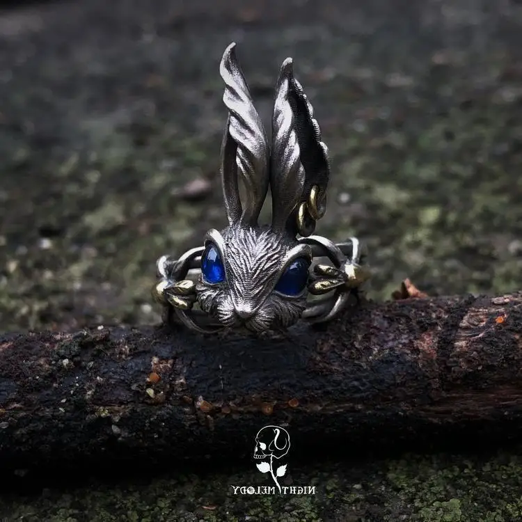 

Vintage Silver Rabbit Open Ring, European and American Big Eared Red Eyes Rabbit Ring, Ins Men's and Women's Ring