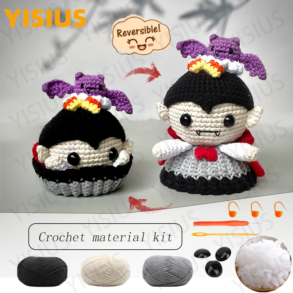 

Двусторонняя кукла амигуруми на Хэллоуин, вязаная крючком Дракула, набор материалов из пряжи, вязальный узор на английском языке, ремесло для подарка ребенку