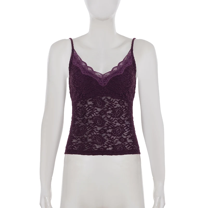 SUCHCUTE Sexy Lila Spitzen-Camisole für Damen, schmales V-Ausschnitt-Top mit Spaghettiträgern, ärmellose Sommer-Coquette-Weste, Y2K Fairycore-Kleidung – Detail 4