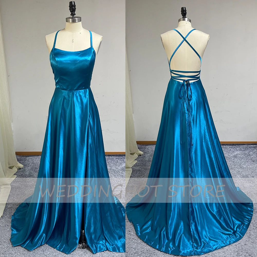 Vestidos De Noche De satén con tirantes finos y Espalda descubierta, vestidos De fiesta largos con abertura lateral, color azul, 2022