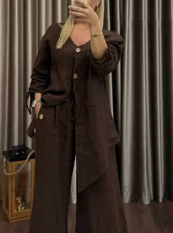 Conjunto informal de dos piezas de lino y algodón para mujer, camisa holgada de manga larga con cuello en V y una hilera de botones, pantalones de pierna ancha de cintura alta