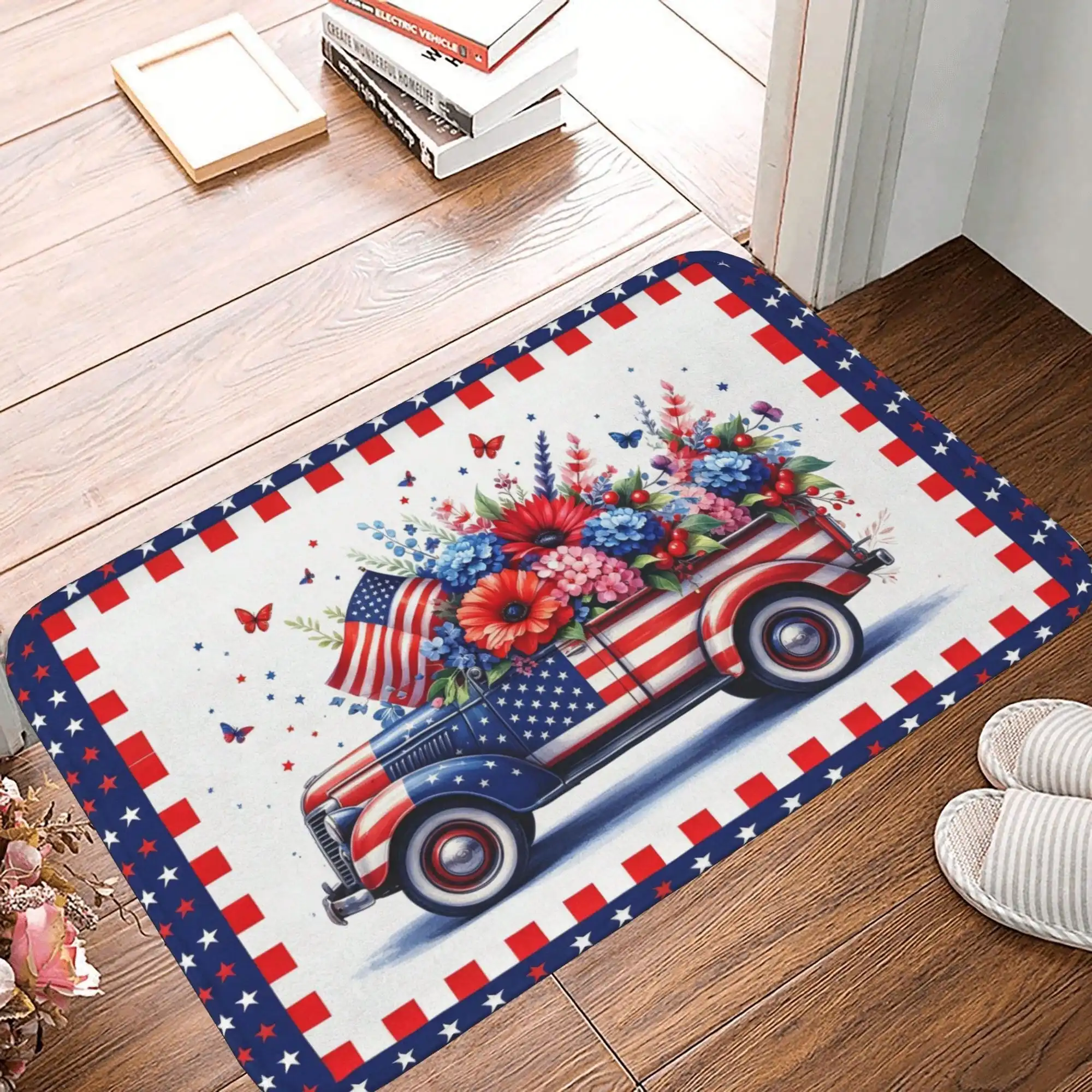1PC 2D Flat Vintage Patriotic Welcome FLora Blue Soft Thick Flannel Area Rug, Cozy Plush Anti-Slip Floor Carpet, Washable Foldable Wear Resistant Flannel Floor