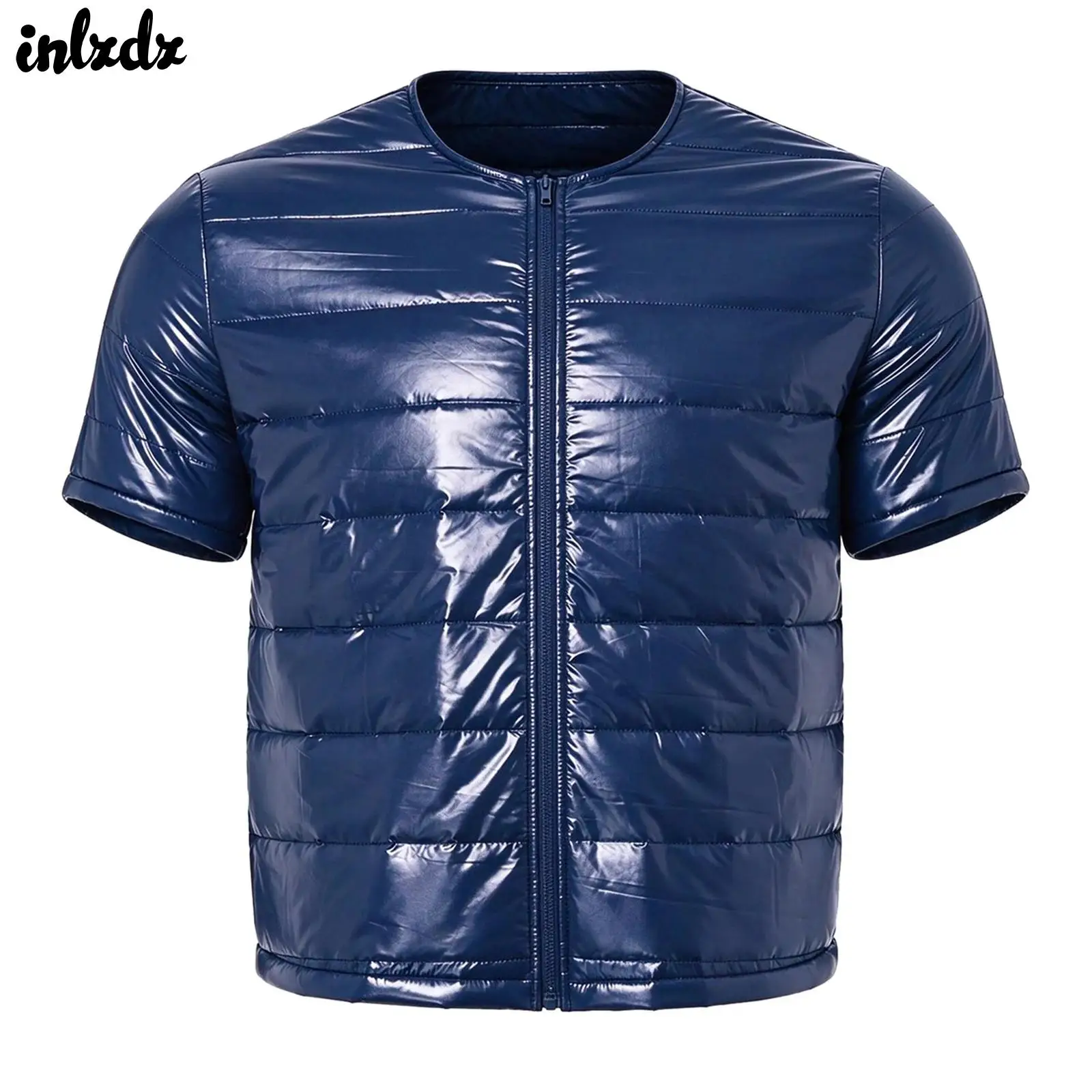 Men's Wet Look Shiny Quilted Puffer Jacket Tops Short Sleeve Zip Up Padded Jacket Outerwear Round Neck Glossy Quilted Coat
