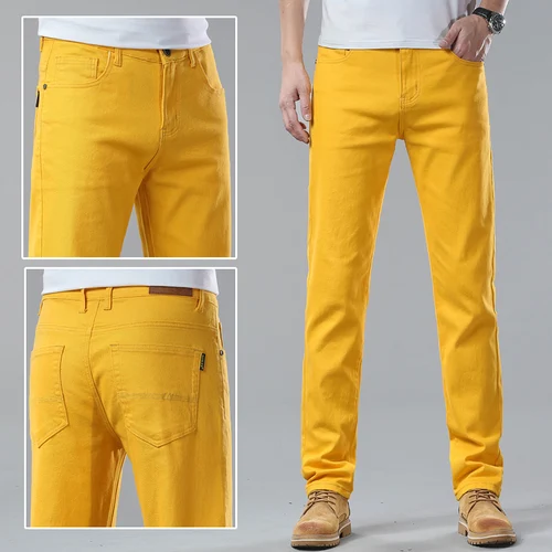 Imagen 2 del producto Pantalones vaqueros elásticos para hombre, Jeans clásicos ajustados de color amarillo, Rosa y Rojo, elásticos y coloridos, novedad de otoño