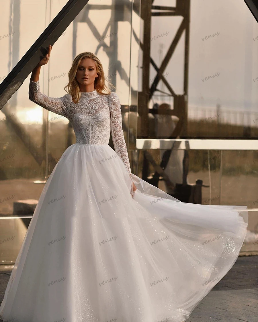 

Classic Wedding Dresses Muslim Bridal Gowns Lace Appliques Full Sleeves A-Line Robes For Formal Party Tulle Vestidos De Novia