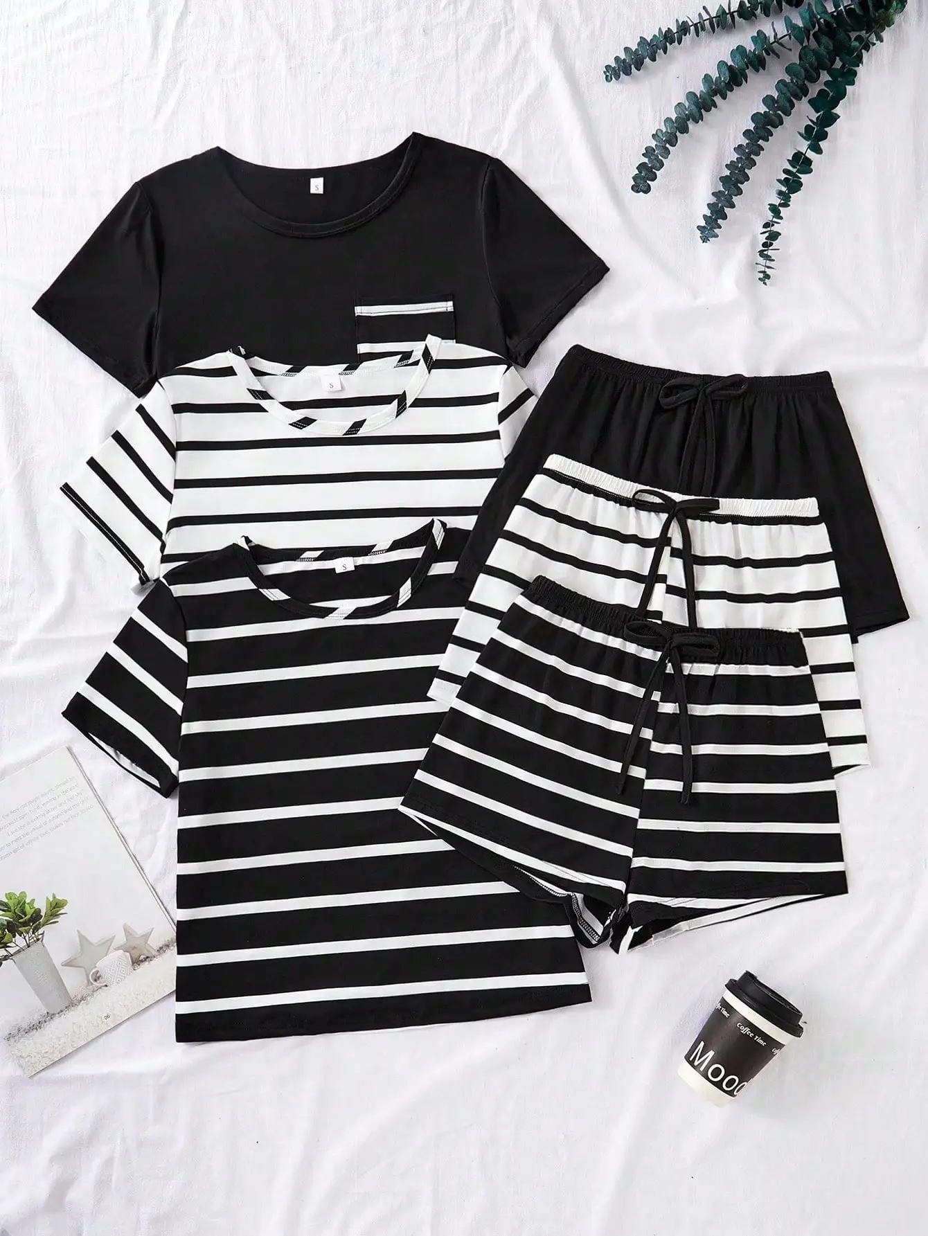 

3-Piece Women's Stripe Pajama Set with Short Sleeve Top & Drawstring Shorts, Casual Lounge Wear