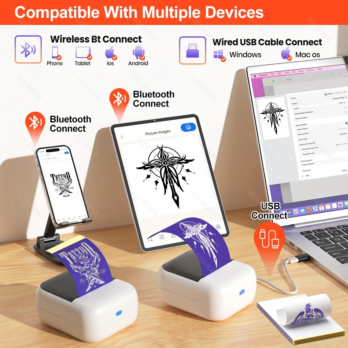Mini Thermal Printer 57mm Wireless Pocket Tattoo Printer Portable Tattoo Stencil Maker Focuses on Mini Pattern for Entry-level view 2