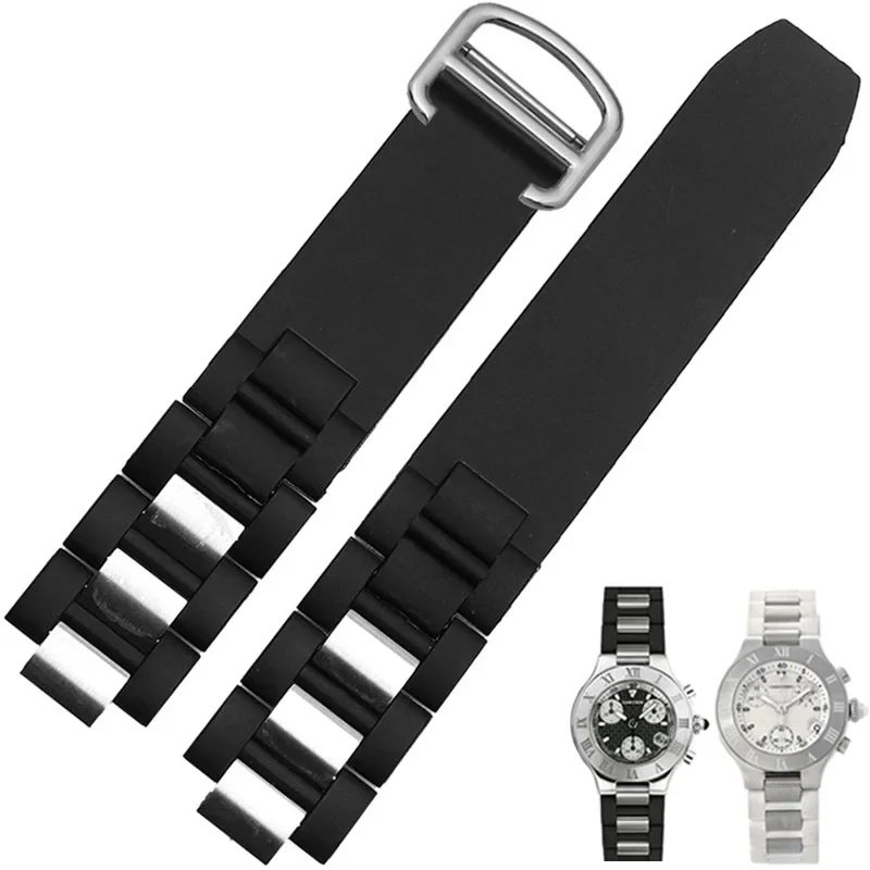 High quality silicon tape 20mm*10mm Black Rubber Replacement Watch Band With Silver Clasp For Cartier 21 Chronoscaph