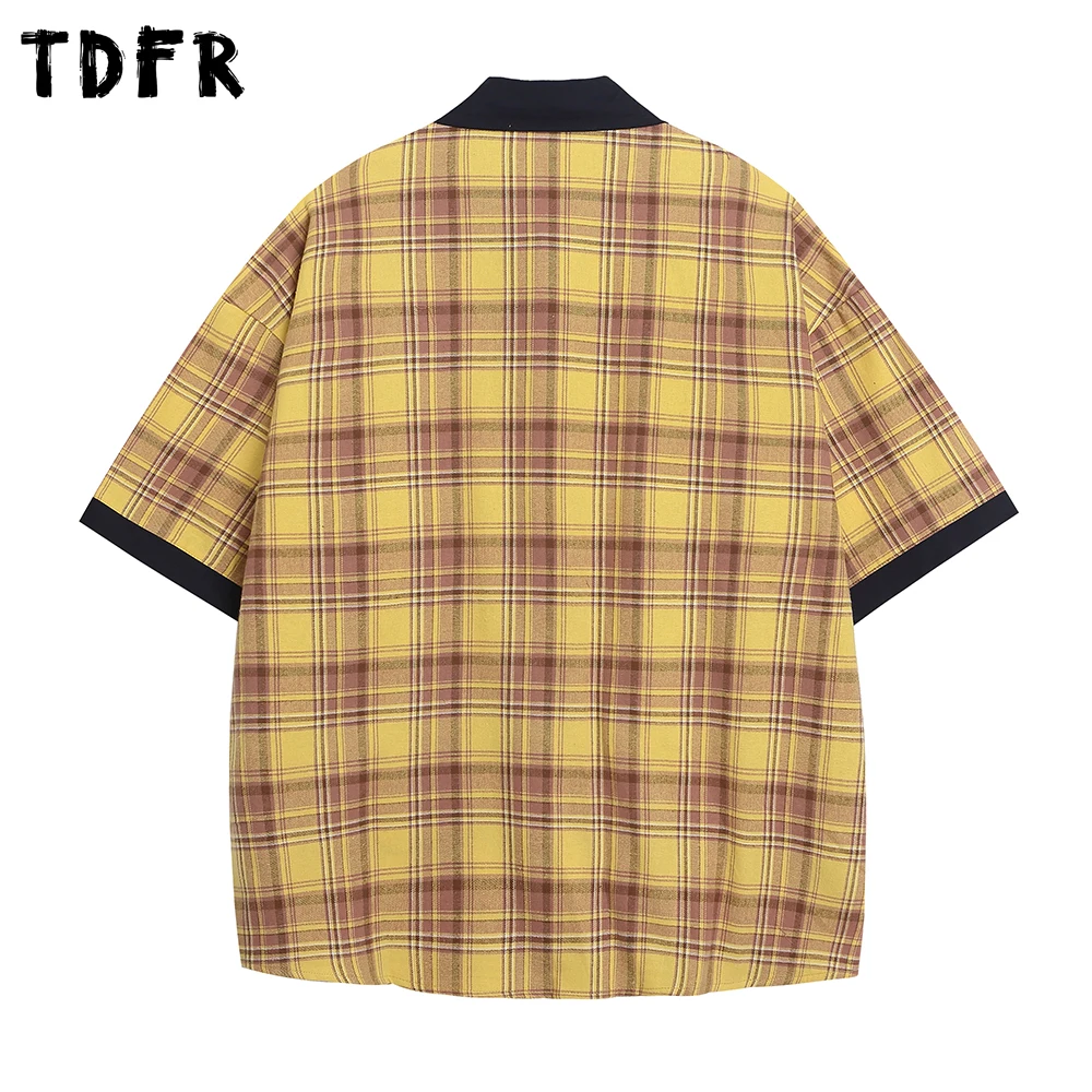 Cartoon Embroidery Short Sleeve Plaid Shirt Mens Spliced Pocket Summer Retro Casual Loose Lapel Single Breasted Cotton Shirts