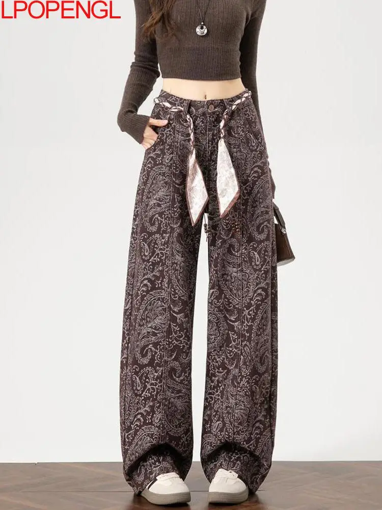 

New Spring And Summer Brown Personalized Streetwear Straight Jeans 2026 Women's High Waisted Button Wide Leg Ankle-length Pants