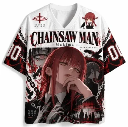 Chainsaw Man, Machima Printed Mesh Sports Quick Dry V-neck Anime, Machima Little Crow Chain Pattern, Number 00 Sports Shirt