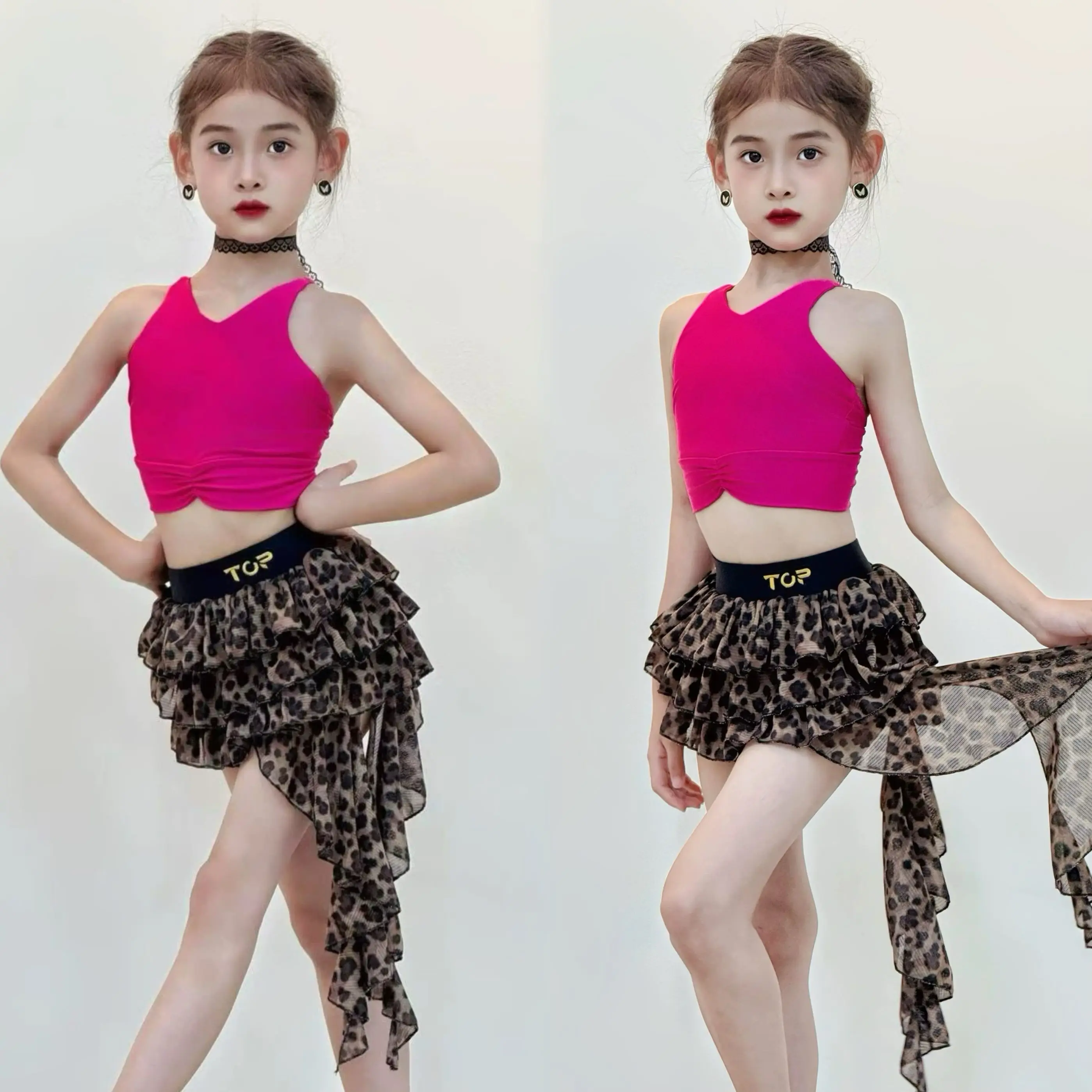 

Fashion Girls Latin Dance Clothing Rose Red Latin Tops Leopard Skirts Children Chacha Samba Latin Dance Party Costumes SL13275