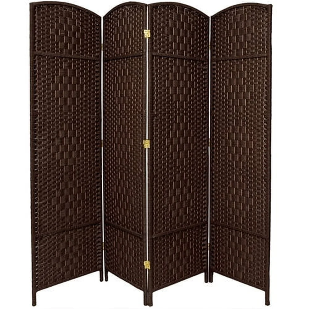 6ft Tall Diamond Weave Room Divider 4 Panel Dark Mocha Lightweight Wood Frame Portable Folding Screen Natural Fiber Rattan Style