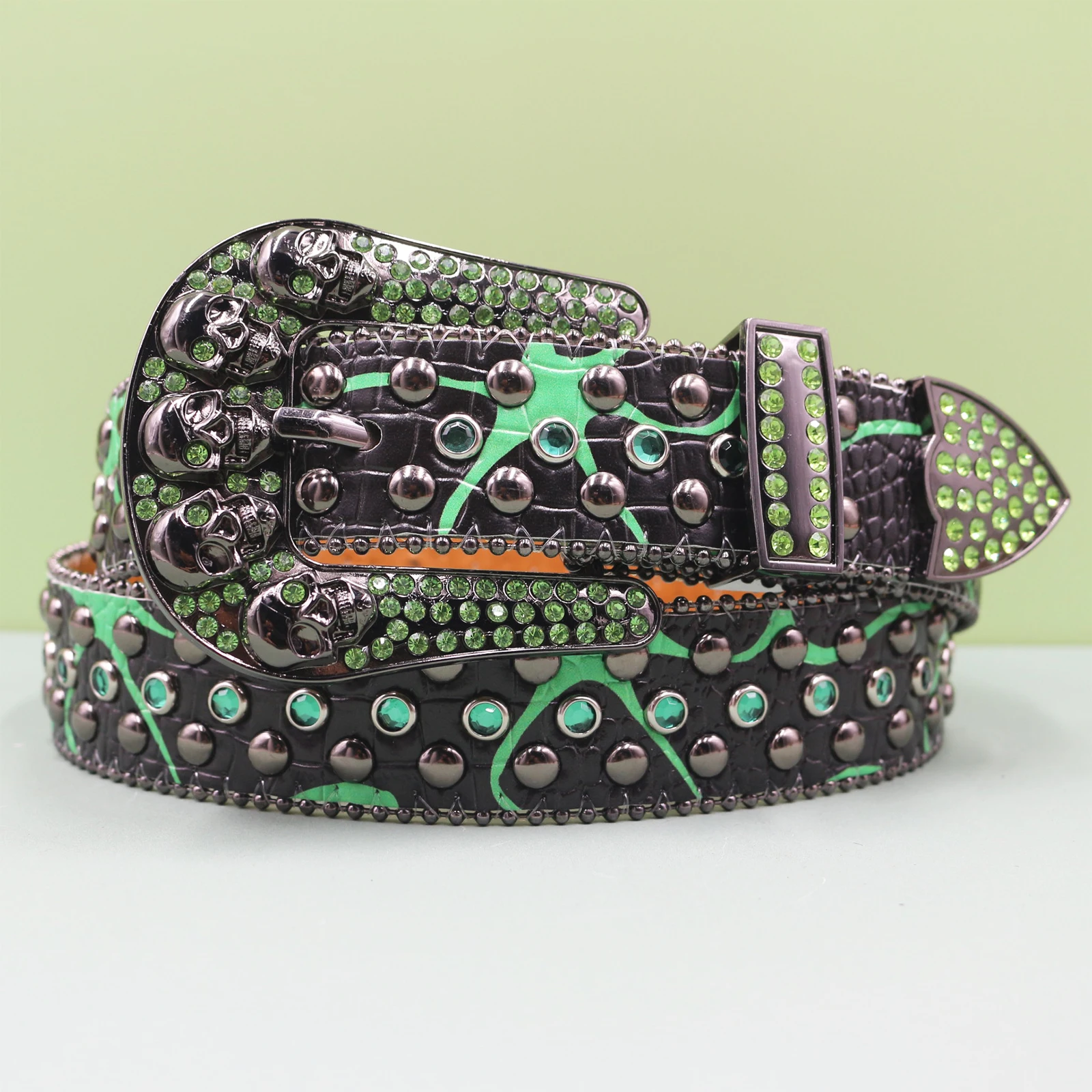 New Colorful Diamond skull  Men's Belt Fashionable Belt Buckle Rotating Button with Multiple Colors Diamond Belt