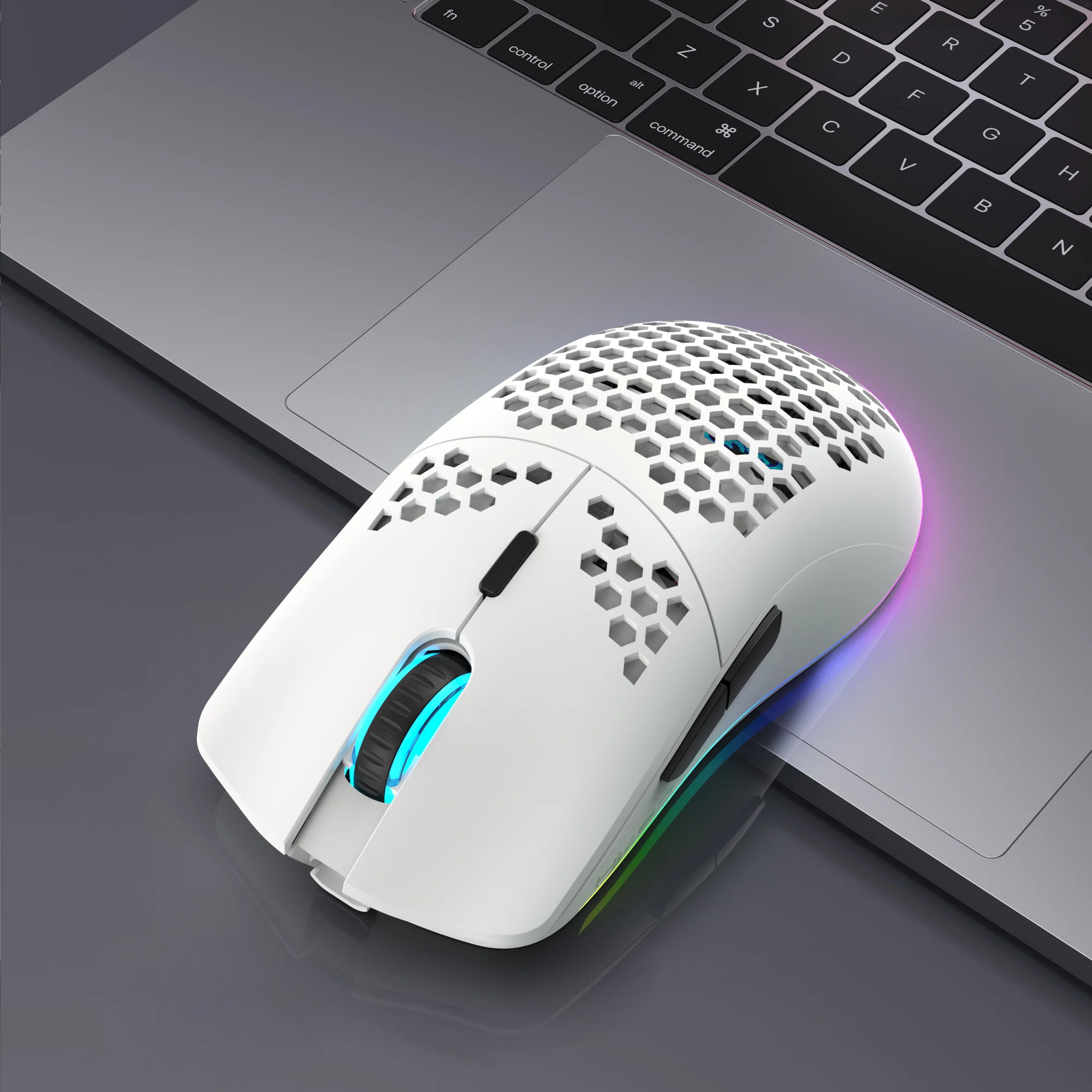 무선 게이밍 마우스, RGB 조명, 충전식 배터리, 허니콤 디자인, 2.4G USB 플러그 앤 플레이, 오른손잡이용