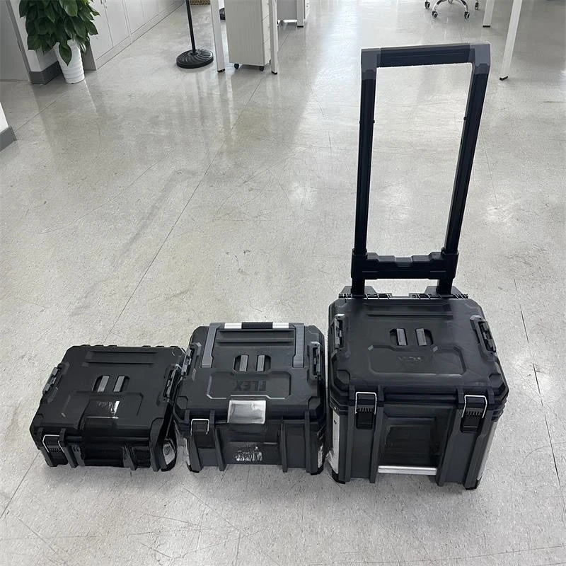High-strength stacking toolbox trolley case three-in-one